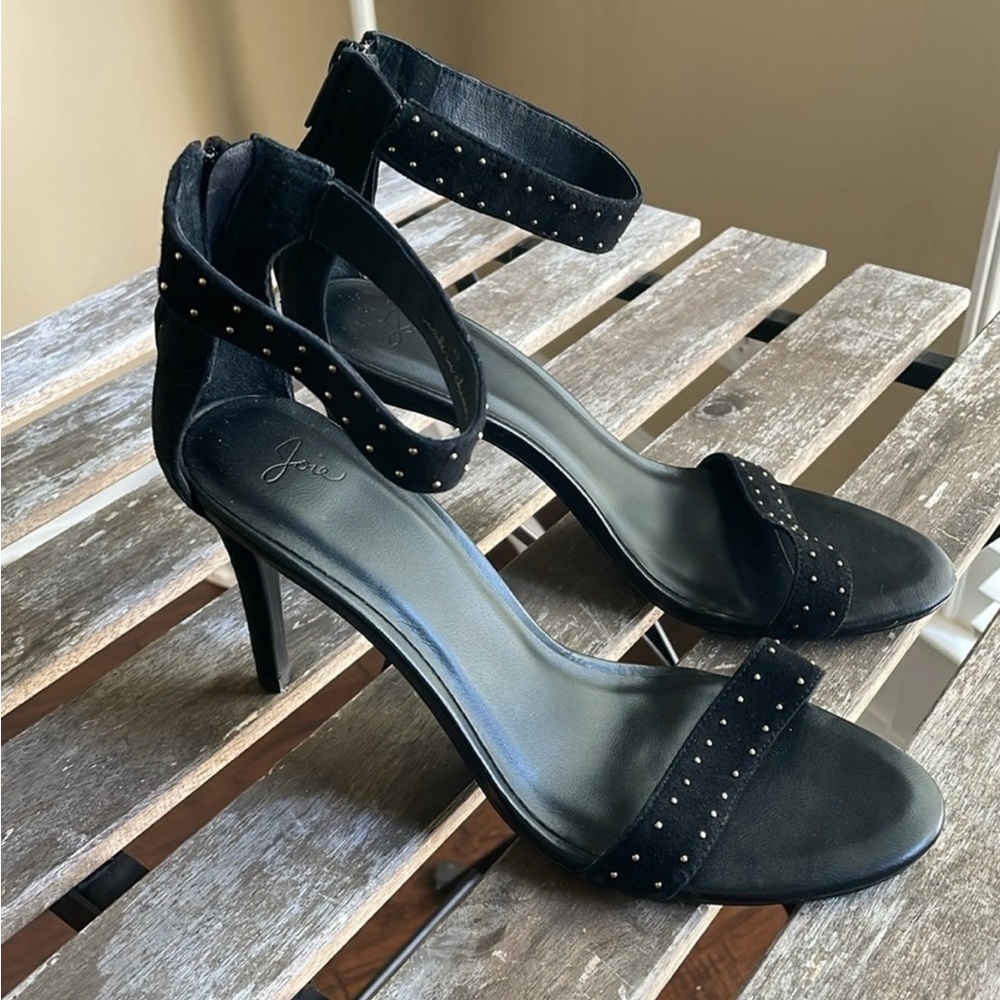 Joie Ágata dressy, sexy, heels in black suede. Brass studs. Heel 4”. Size 9.5
